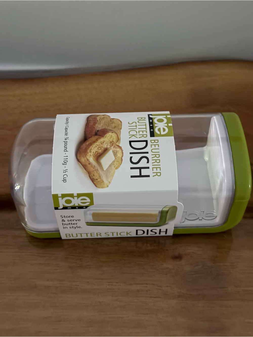 Joie Butter Stick Dish with Clear Lid and Green Accents